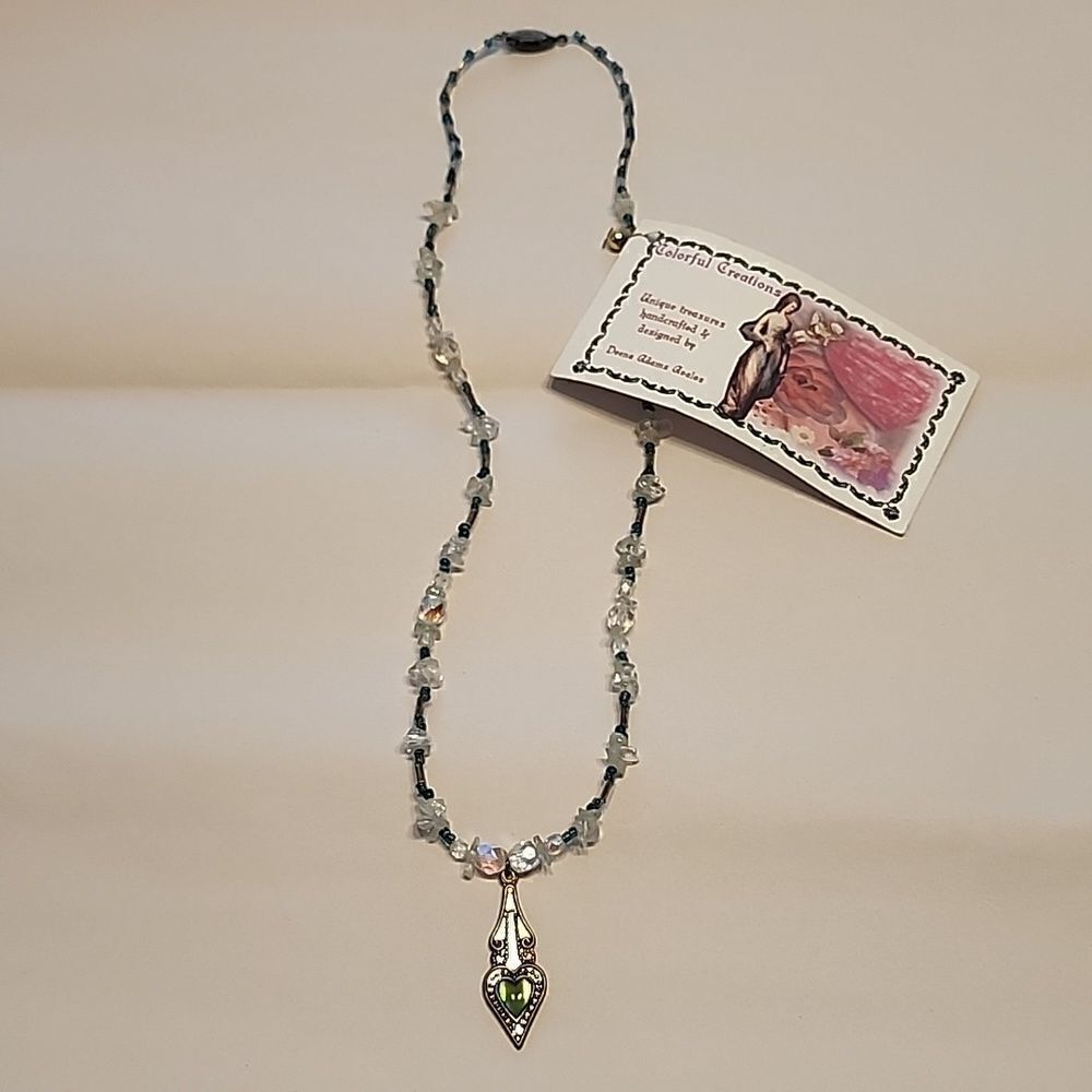 Colorful Creations Handmade Beaded Necklace Pendant Paua Green Heart Seed Bead
